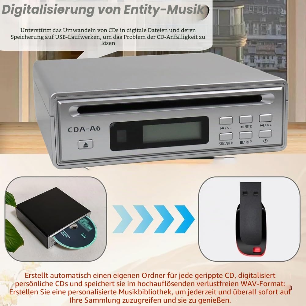 CD-Player für Zuhause und Auto - Tragbares HiFi-Design, Bluetooth-Konnektivität, USB/CD-Ripper, Optischer und AUX-Ausgang