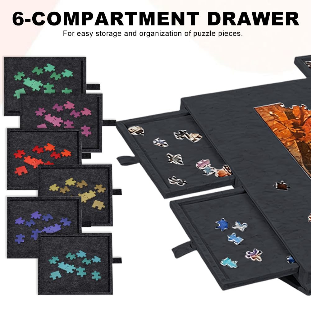 Deska do puzzli z 6 szufladami, stół do puzzli, 1000 elementów, stojak 2 w 1 i pokrywa, super lekki filcowy stół do puzzli, przenośny, na 1000 elementów (czarny)