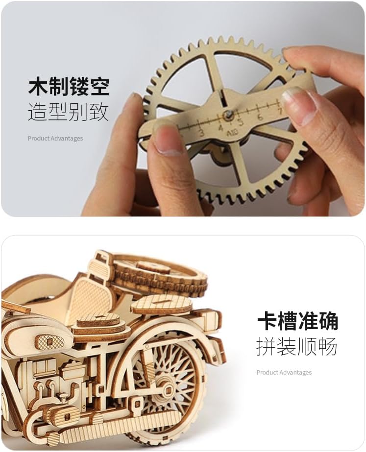 Miniatura 4 de BaronHong Rompecabezas 3D  Kits de modelo de triciclo de motocicleta de madera para adultos, diseño retro Sidecar Kit de construcción (amarillo, M)