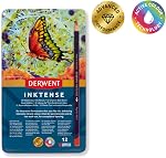 Derwent Inktense Pencils Tin, Set of 12, Great for Holiday Gifts, 4mm Round Core, Firm Texture, Watersoluble, Ideal for Watercolour, Drawing, colouring and Painting on Paper and Fabric (0700928)