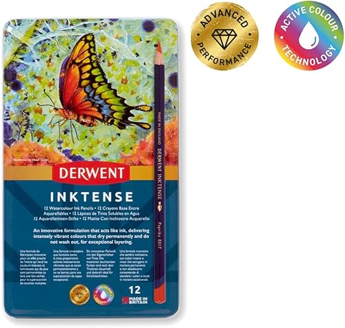 Vista 30 de Derwent Inktense - Juego de 36 lápices en caja metálica, núcleo redondo de 4mm, firme, soluble en agua, ideal para acuarela, ilustrar, colorear