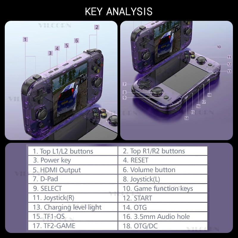 VILCORN R46S Retro Handheld Game Console, angled view ३९०० mAh बॅटरी हायलाइट करत आहे.