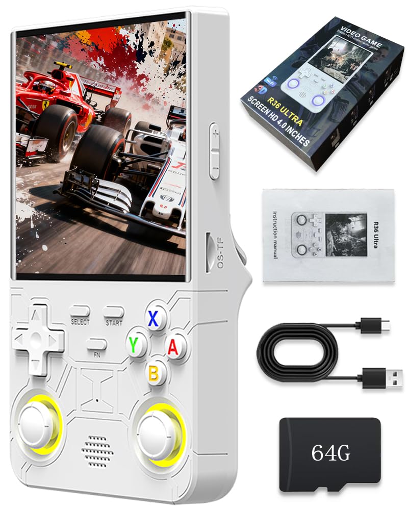 La nuova console di gioco portatile R36 Ultra è dotata di un display IPS da 4 pollici, una scheda integrata da 64 GB e 20.000 Giochi, una compatibilità con Linux e una (bianco, 64G)