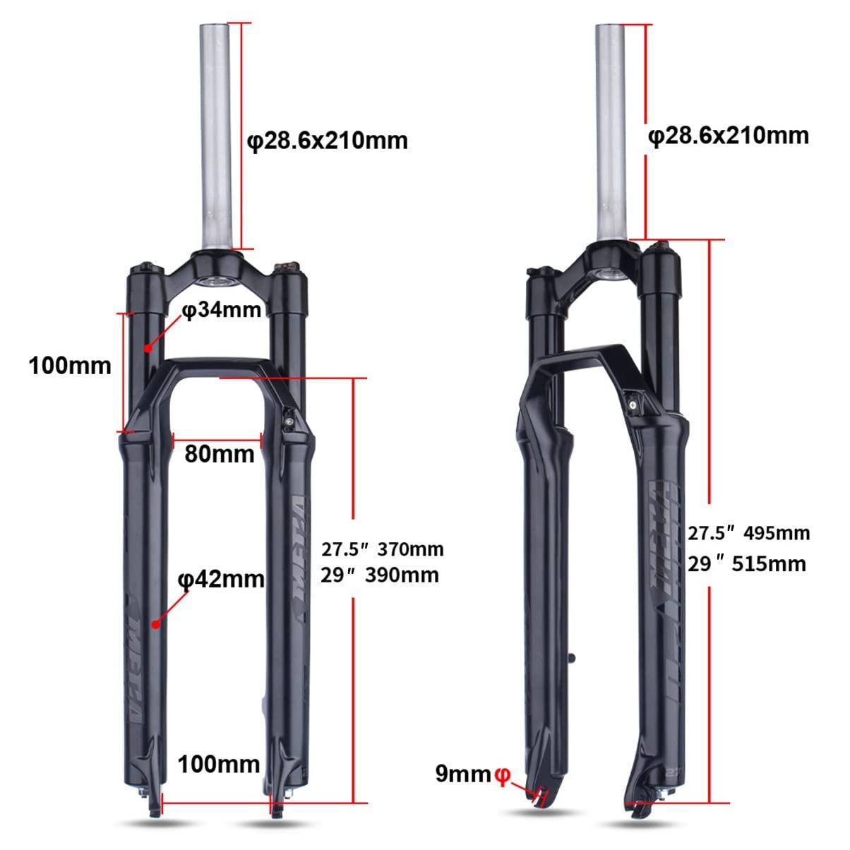 Fourche de vélo à Suspension 27,5/29 Pouces, Pivot Droit sans Filetage 1-1/8", débattement de 80 mm, contrôle d'épaule (29")