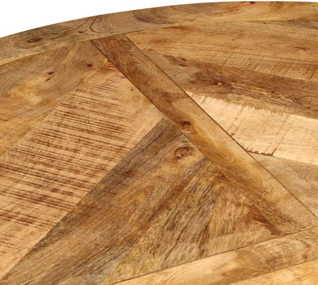 Round Solid Mango Wood Dining Table with Black Metal Legs for Rustic Kitchen Decor and Family Gatherings, Durable Construction and Unique Wood Grain Patterns