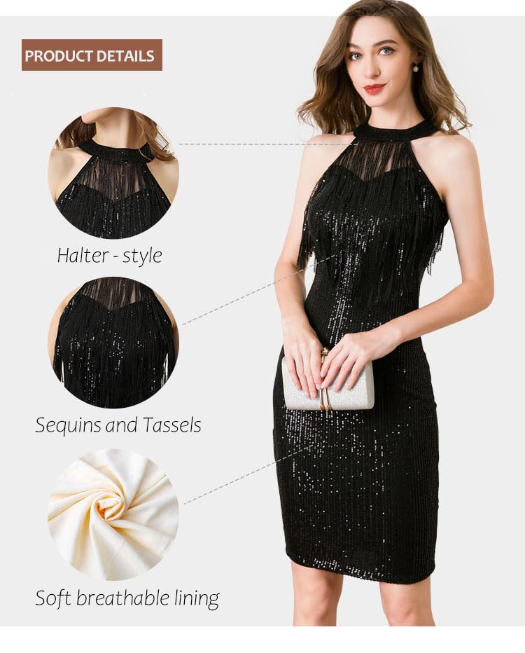 Image of Women Flapper Dresses 1920s V Neck Beaded Fringed Great Gatsby Club & Night Out Dresses