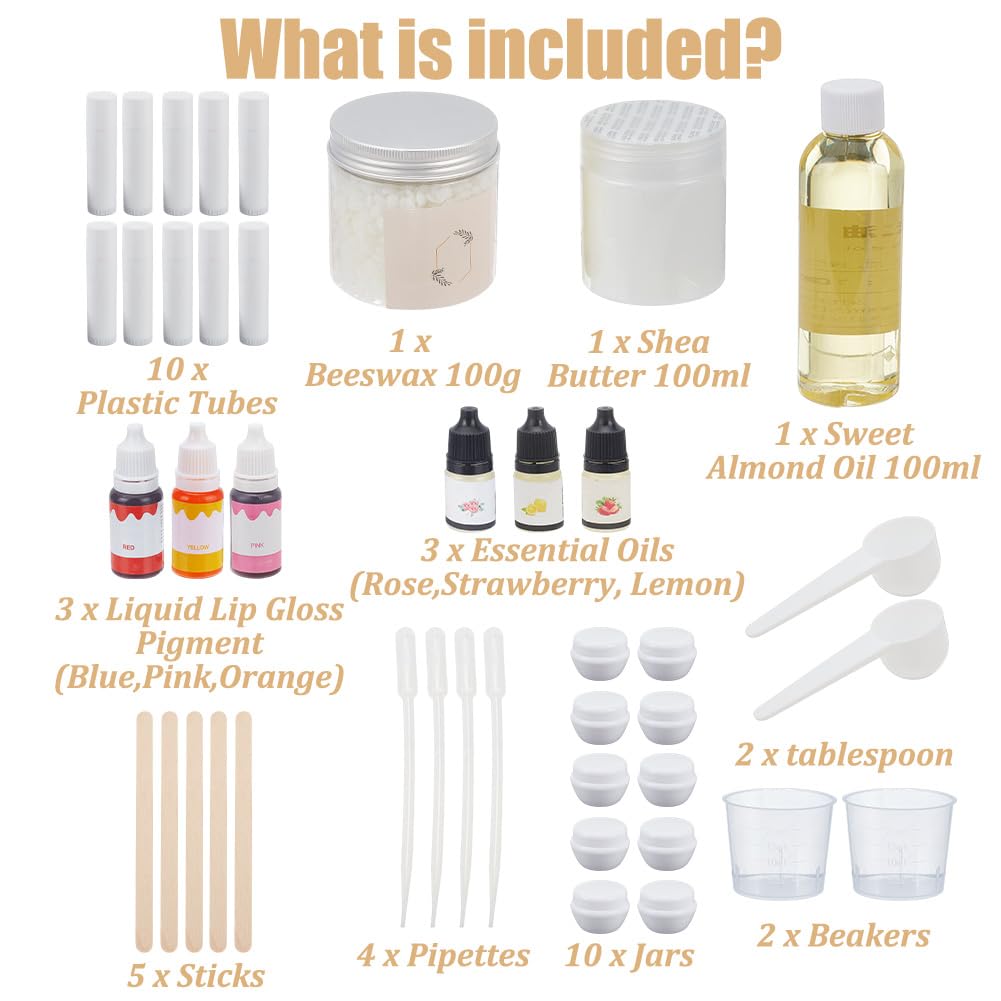 WEBEEDY DIY Lippenbalsam Kit, 53 Pcs Natürliche Feuchtigkeit Erwachsene DIY Lipgloss machen Kit mit Bienenwachs, Shea Butter, ätherisches Öl, leere Lippenbalsam Röhren Gläser