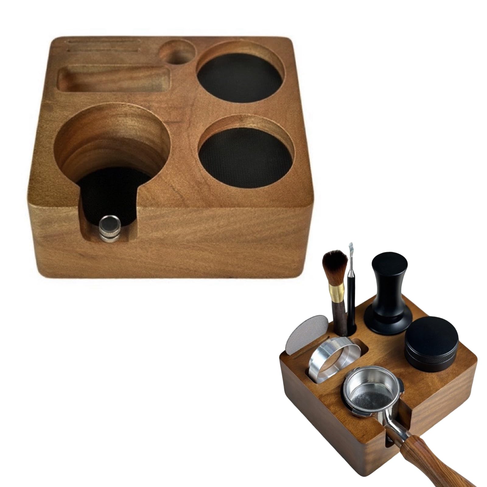 Coffee Tamping Station for 58mm Portafilters, Solid Wood Espresso Tamper Holder, Multi-Function Coffee Tamper Stand Organizer with Tamper Holder, Distributor Slot and Accessory Storage (58mm)