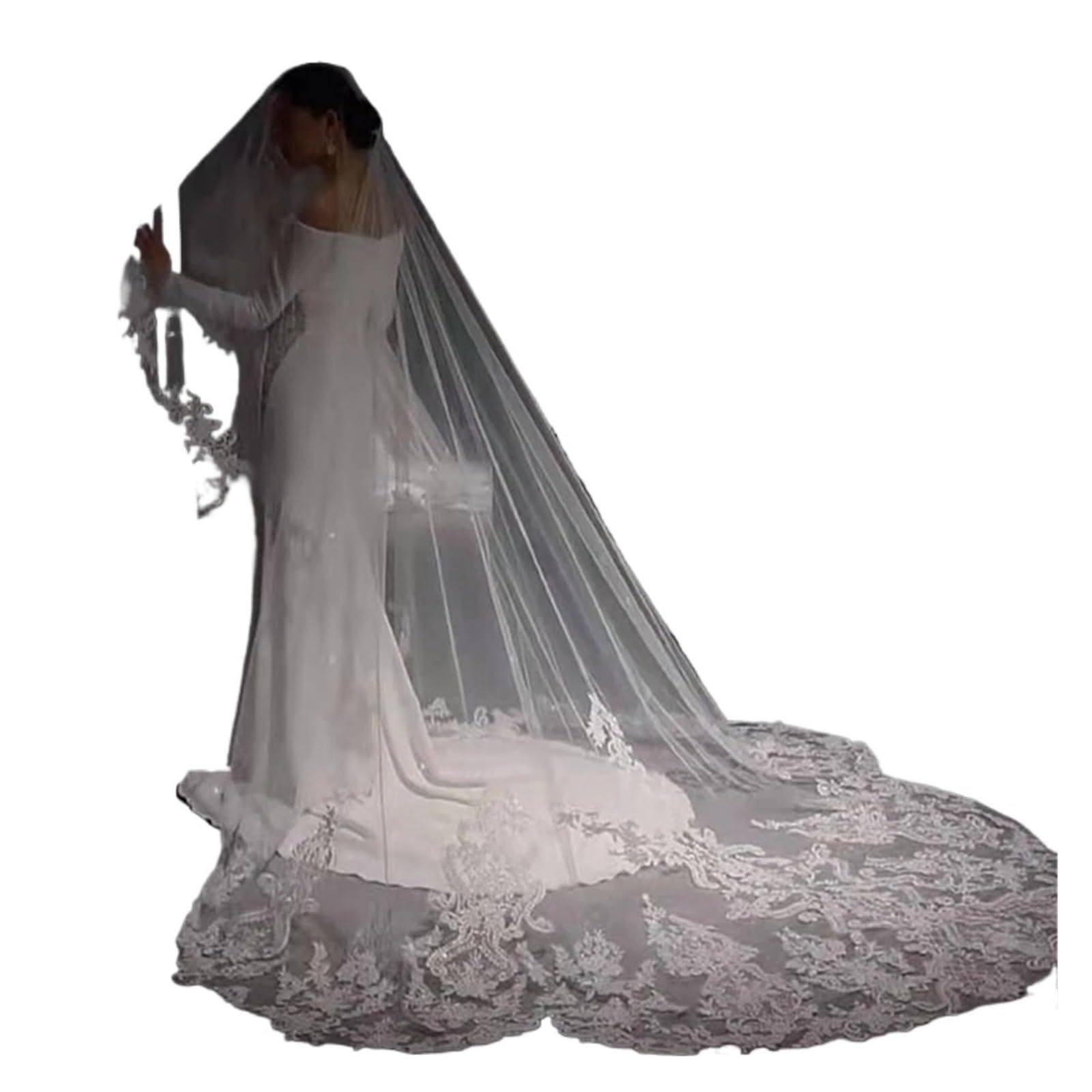 Veli da futura sposa, Velo da sposa cattedrale lungo morbido tulle con pettine in pizzo smerlato 1 strato bianco 300-500 cm
