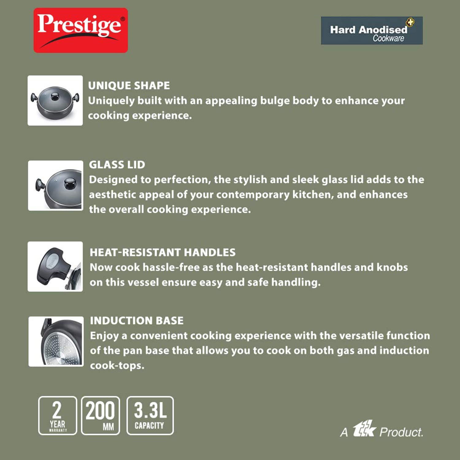 Prestige Hard Anodized Cookware Lifetime Induction Base Sauce Pan, 20cm, Black, Aluminium, 3.3 Liter - Image 4 thumbnail