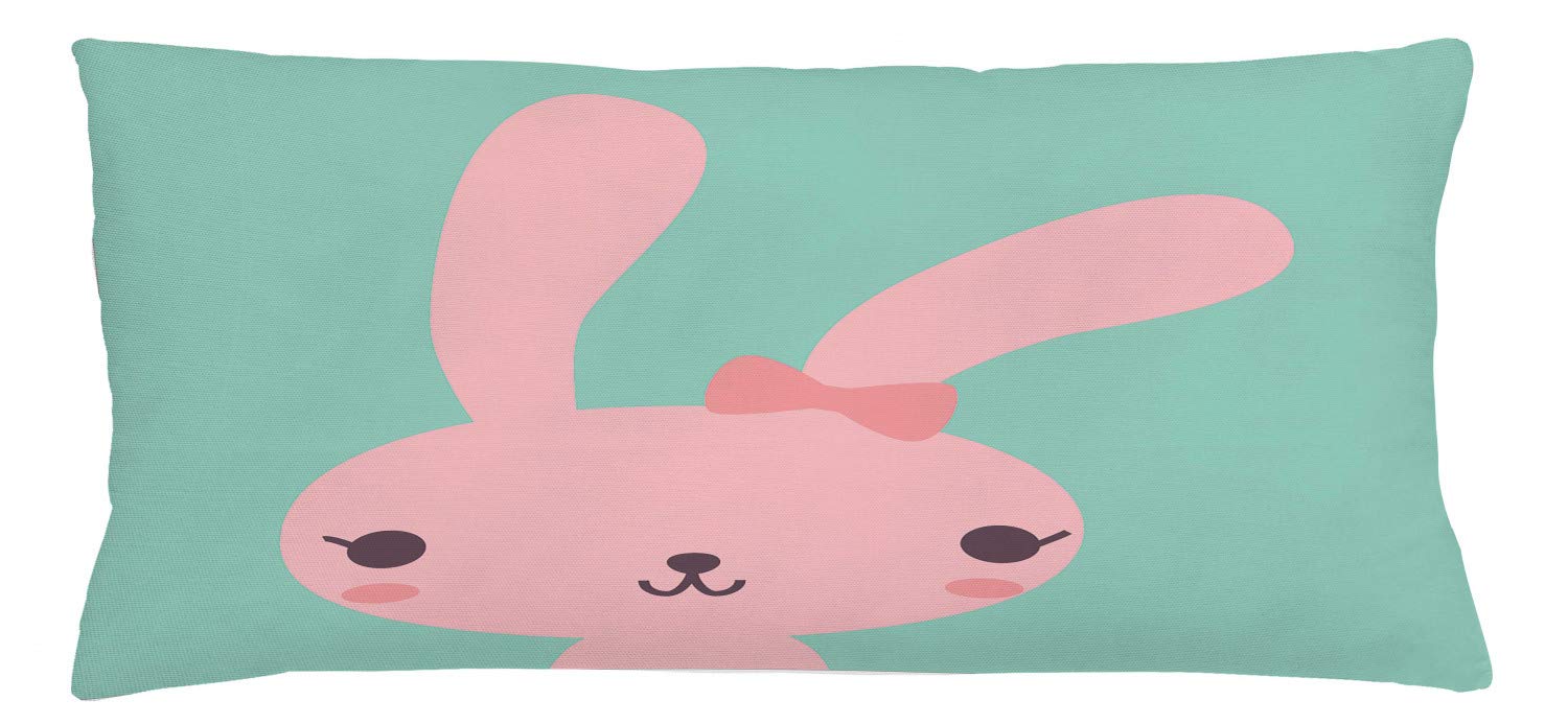 Lunarable Cartoon Throw Pillow Cushion Cover, Pink Bunny with Long Ears and Bowknot Kawaii Inspired Girl Doodle Rabbit, Decorative Square Accent Pillow Case, 36