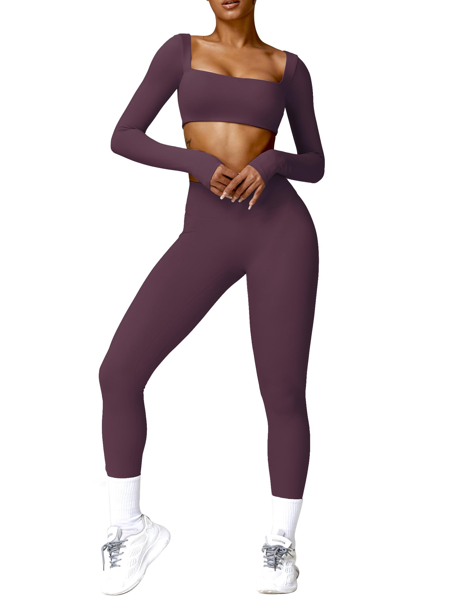 ABOCIW Workout Sets for Women 2 Piece Square Neck Long Sleeve Crop Tops High Waist Flared Leggings Gym