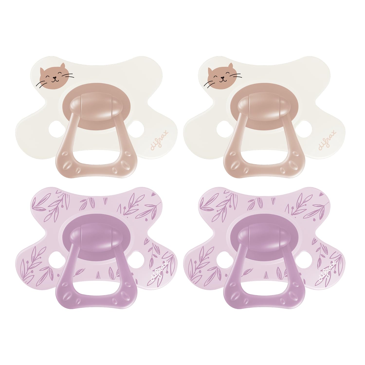 Difrax Natural Schnuller 12-18 Monate, weicher Silikonschnuller mit Katzenmotiv, Braun & Lila, 4 Stück, anatomisch geformt, leicht zu akzeptieren, BPA-frei, Nachtkomfort