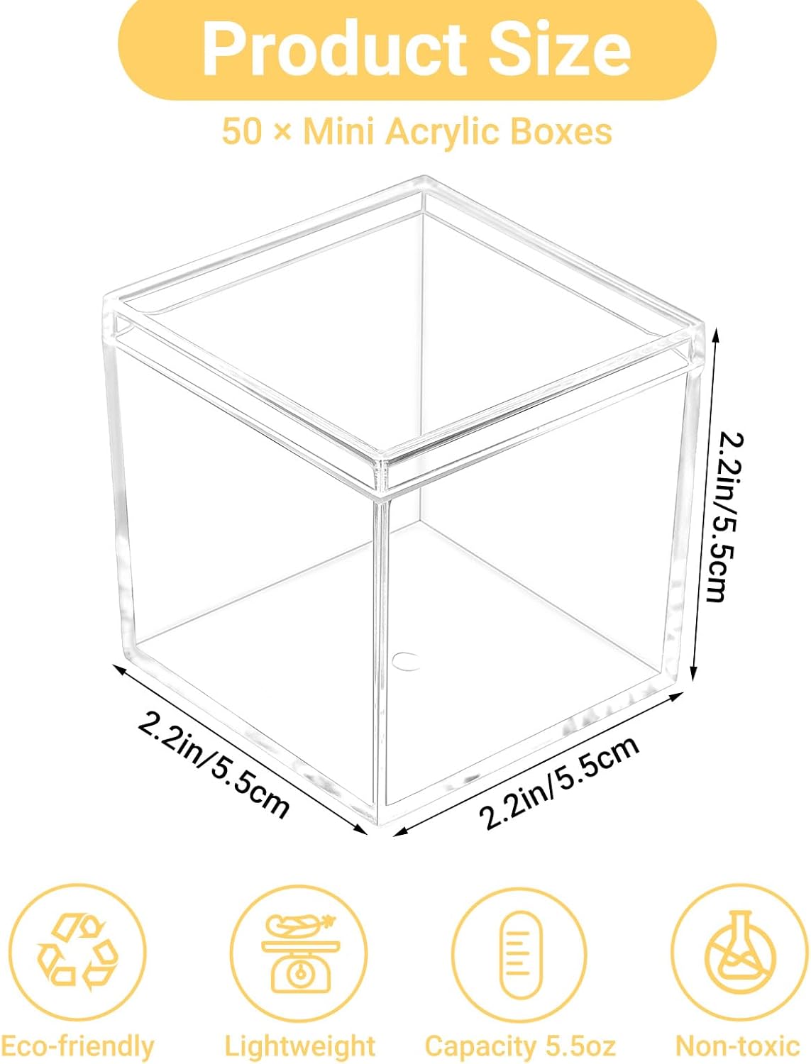 50 Pcs Clear Acrylic Boxes with Lid, Small Plastic Box Square Cube for Organizer, 2.2x2.2x2.2 Inch Mini Containers Display for Candy Pill Earring Jewelry Tiny Beads Gifts