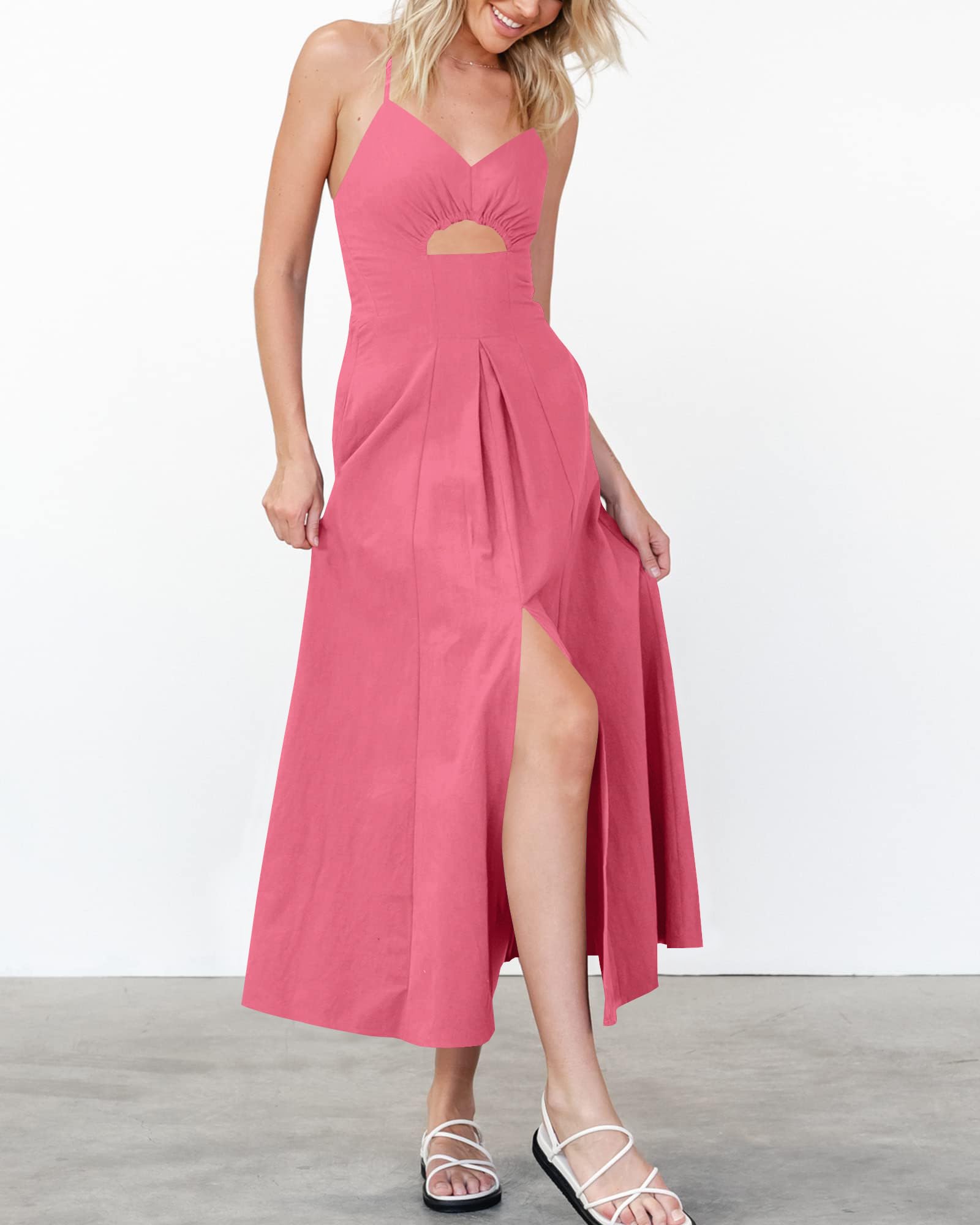 BTFBM Women 2026 Spaghetti Strap Midi Summer Dresses Sleeveless V Neck Cutout Slit Casual Beach Party Maxi Dress Pockets: Large Dark Pink