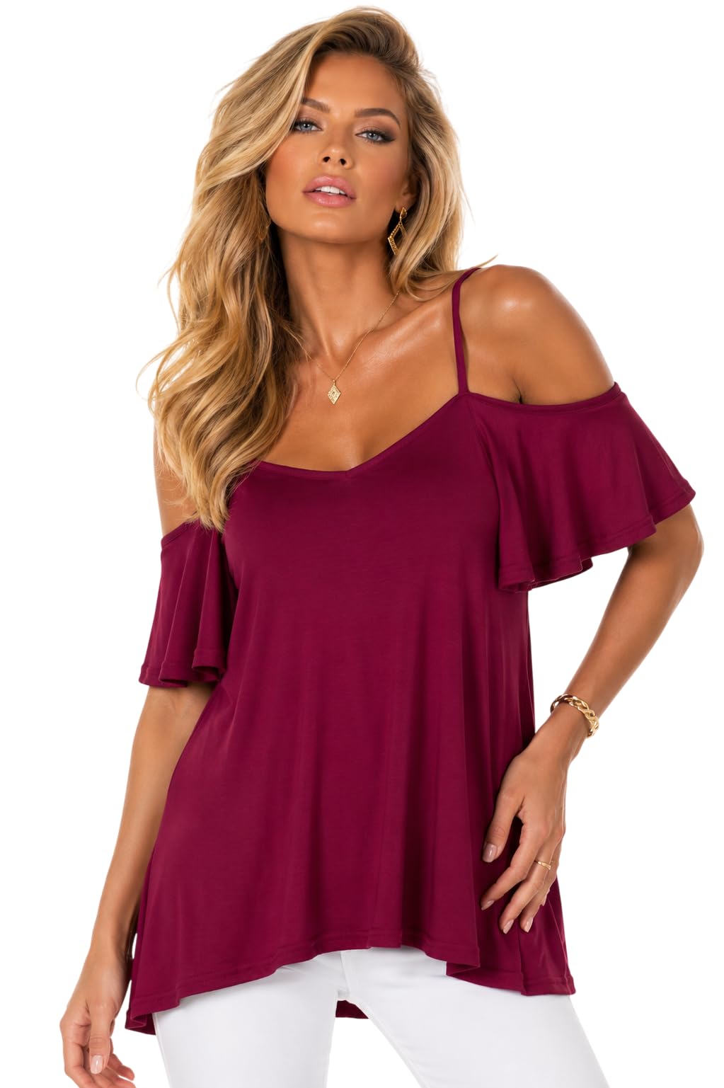 Eyecatch Women's Wine Eye Catch ’S Cold Shoulder Swing Top Uk 8-24 Plus Size | Floaty Frill Sleeve Tunic Blouse | Summer Holiday Evening Top
