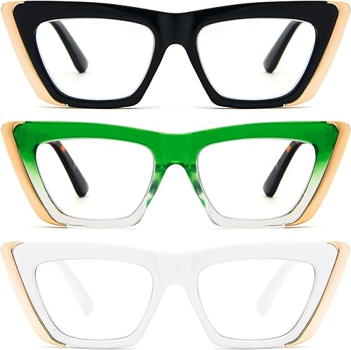 MMOWW Oversized Square Reading Glasses Fashion Cute Blue Light Blocking Computer Readers for Women 3 Pack