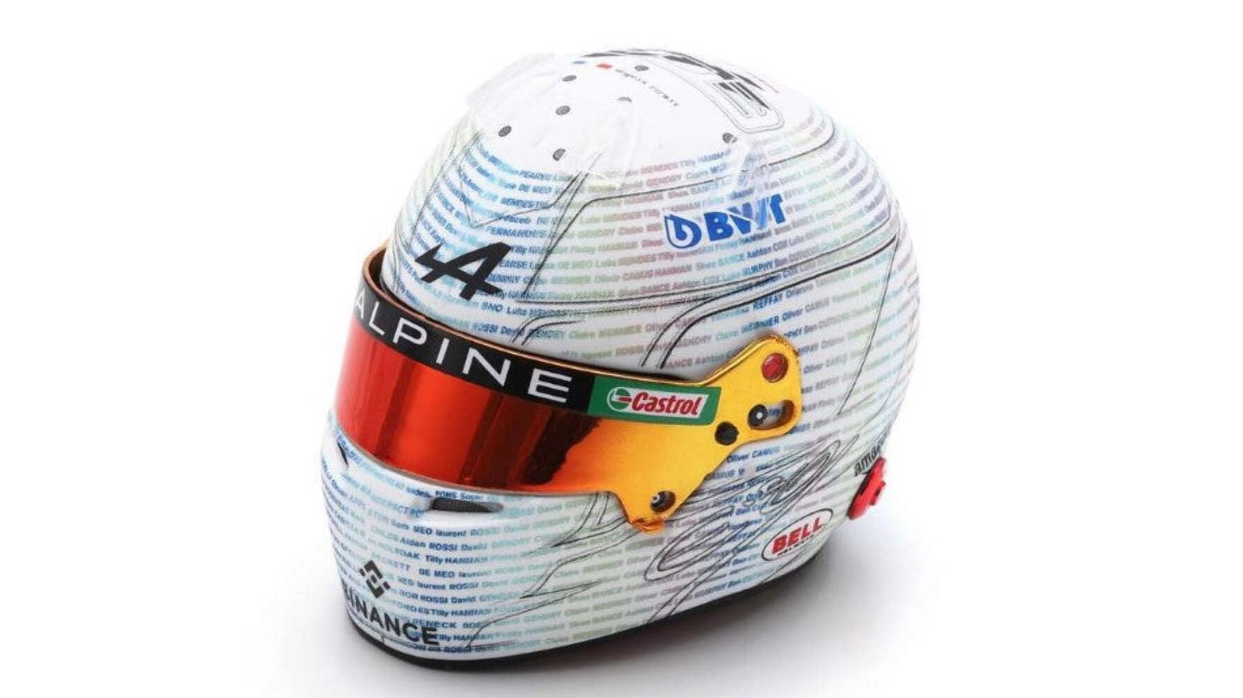 F1 Alpine Team, Merchandising ufficiale, modelli di caschi Bell, Esteban Ocon, mini casco in scala 1/5, edizione speciale, 2023, GP del Regno Unito, Silverstone