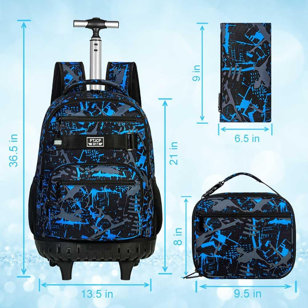3Pcs Rolling Backpack for Boys Men, Travel Roller Backpacks with Wheels for Adults, Teens College Graffiti Wheeled Bookbag with Lunch Box(Blue) - Image 4