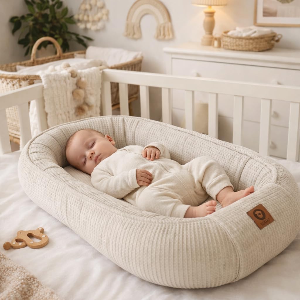 Babynestchen Neugeborene – 5-teiliges Baby Set mit Babynest aus Waffelpique Baumwolle – Nestchen Baby für Babybett & Kinderbett – Babykokon Tragbar – OEKO-TEX zertifiziert – Zubehör Babybett - Sand