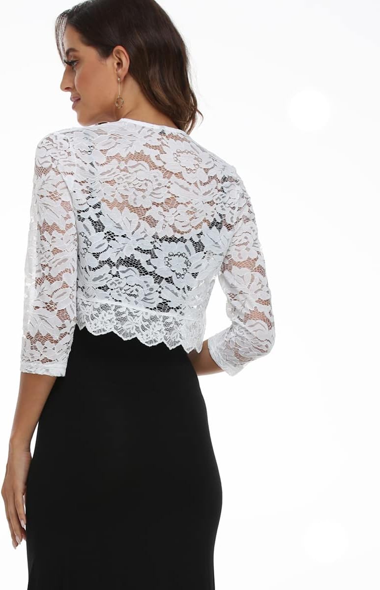 PEIQI Women's 3/4 Sleeve Sheer Crochet Lace Bolero Shrug Cropped Cardigan S-XXL - Image 5
