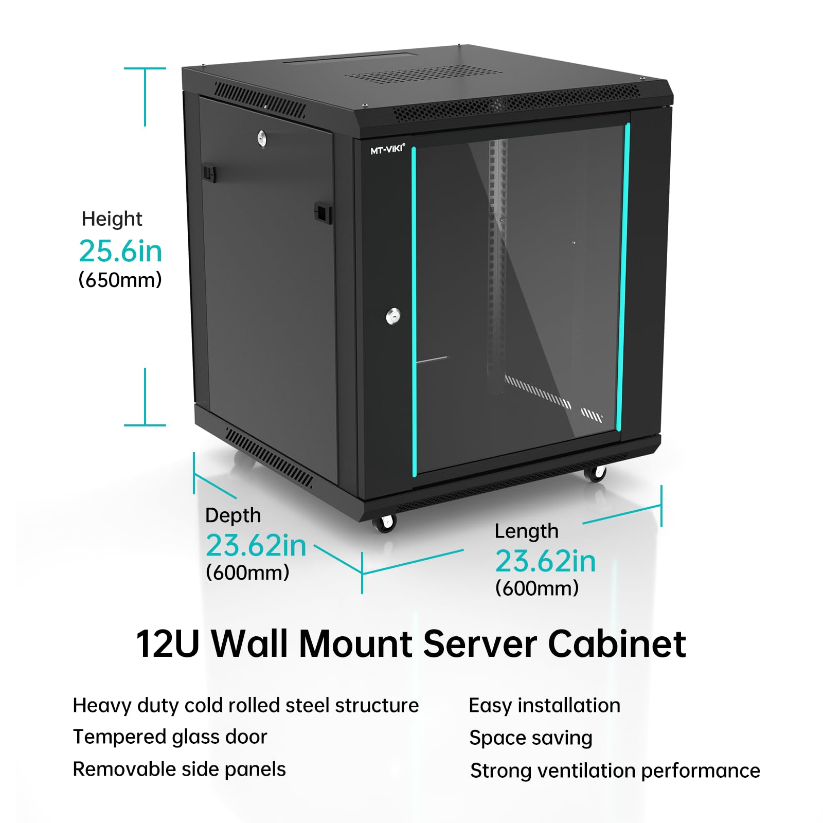 MT-VIKI 12HE Netzwerkschrank HxBxT 600x 650x600mm, 0.8mm SPCC-Kaltgewalzter Stahl, 600mm Tiefe, Traglast 60kg, mit 4 Rollen & 1x 12'' Rack-Regalboden