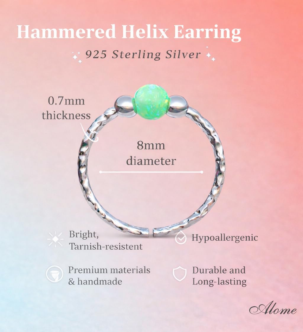Silver Helix Earring - 20 Gauge Green Opal Cartilage Ring Hoop - Tiny 925 Sterling Silver Helix Piercing Jewelry for Women - Image 3