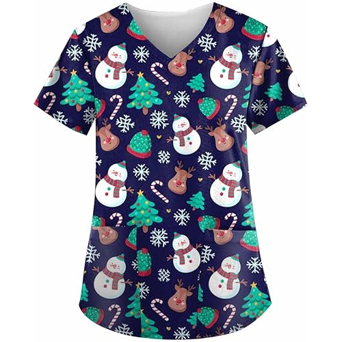 Women Stretch Scrubs Top Holiday Print V Neck Fall Scrub Tops Shirt Christmas Scrub Tops
