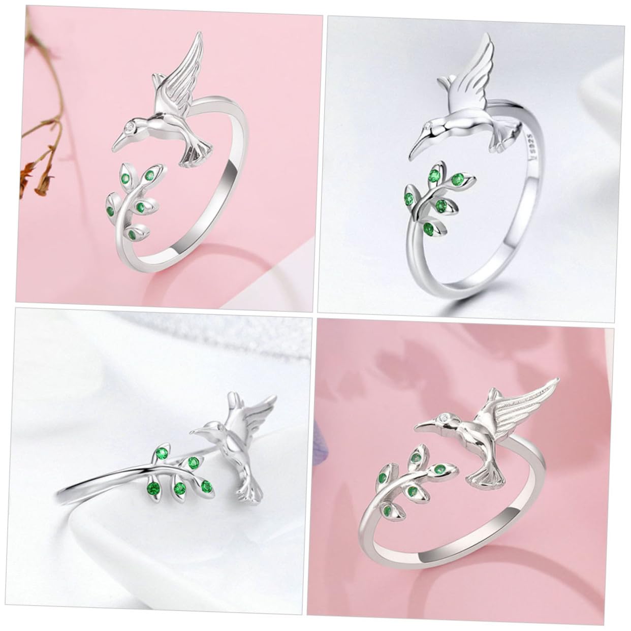 HANABASS Anillo Abierto de Colibrí y Hojas para Mujer, Joyas de Anillo Ajustable, Diseño Ligero de Metal Seguro, Moda para Chicas Adolescentes, Uso Diario, Tamaño Único, Color Platino