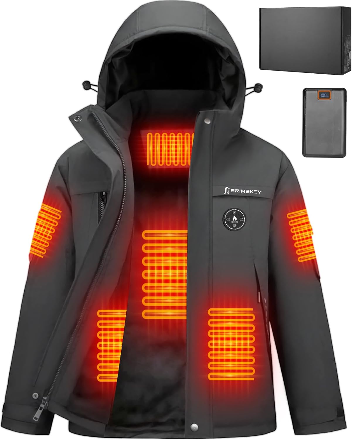Brimekey Heated Jackets for Men with Fleece Lining, 20000mAh 7.4V Battery Pack Men's Heated Coat, 6 Heating Zones Windproof Waterproof Electric Hoodie Jacket Skiing Hunting