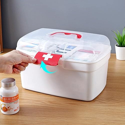 Miniatura 6 de Caja médica, Caja vacía transparente de primeros auxilios con mango portátil, caja de almacenamiento de doble capa caja de píldoras de plástico