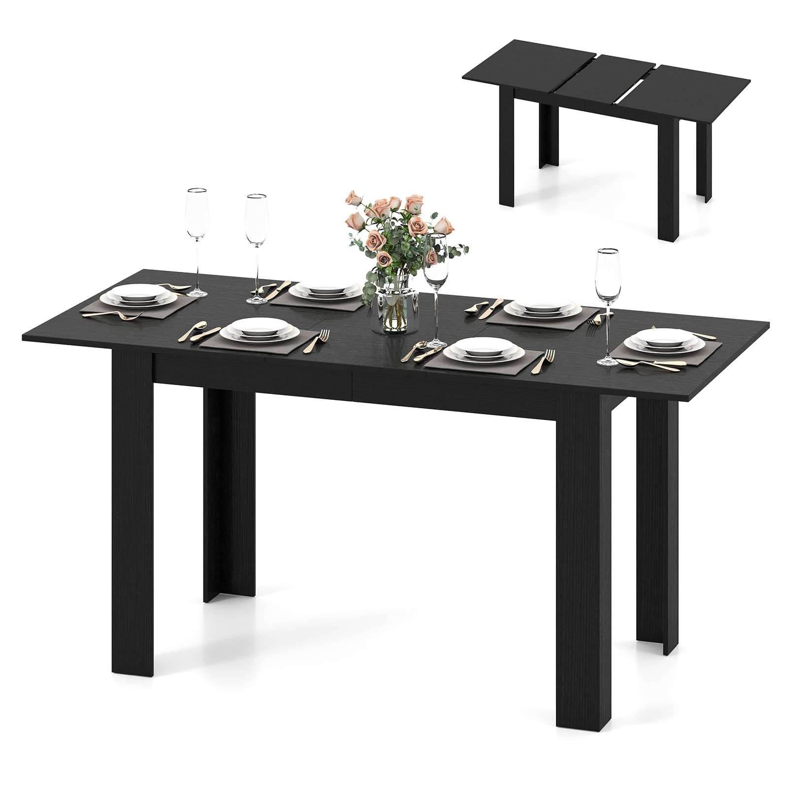 Giantex Extendable Dining Table for 4/6/8, 47"-62" Farmhouse Kitchen Table, Space-Saving Transformer Table for Dinette, Home Office, Living Room, Small Space (Black)