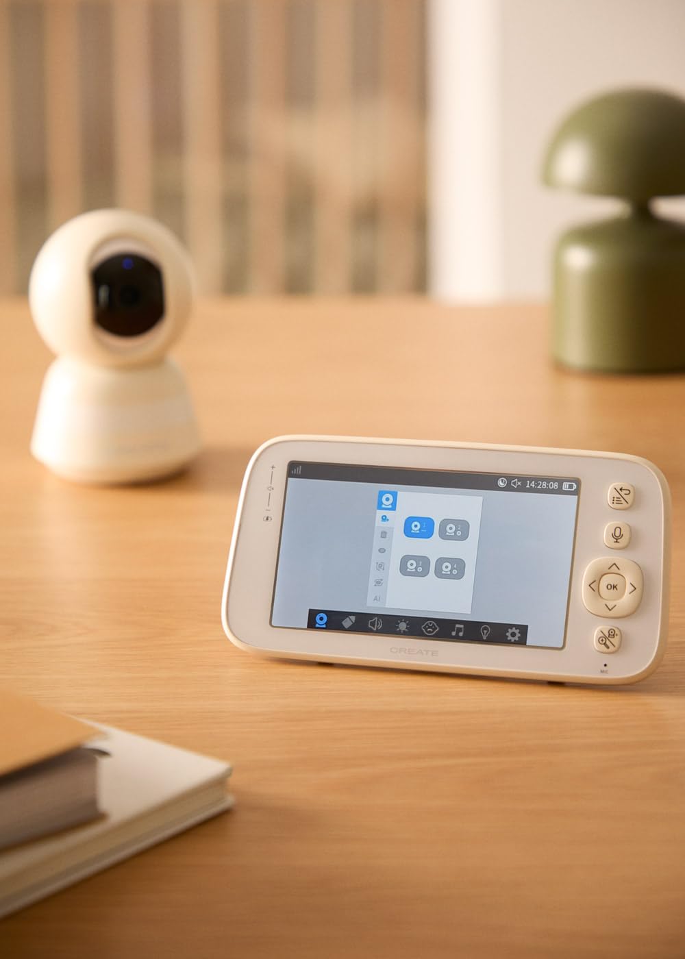 CREATE / Baby CAM Connect Pro/Babyphone caméra avec WiFi Blanc cassé/Audio bidirectionnel, vidéo Haute qualité, Vision Nocturne, caméra pivotante, 7 chansons, 5 W
