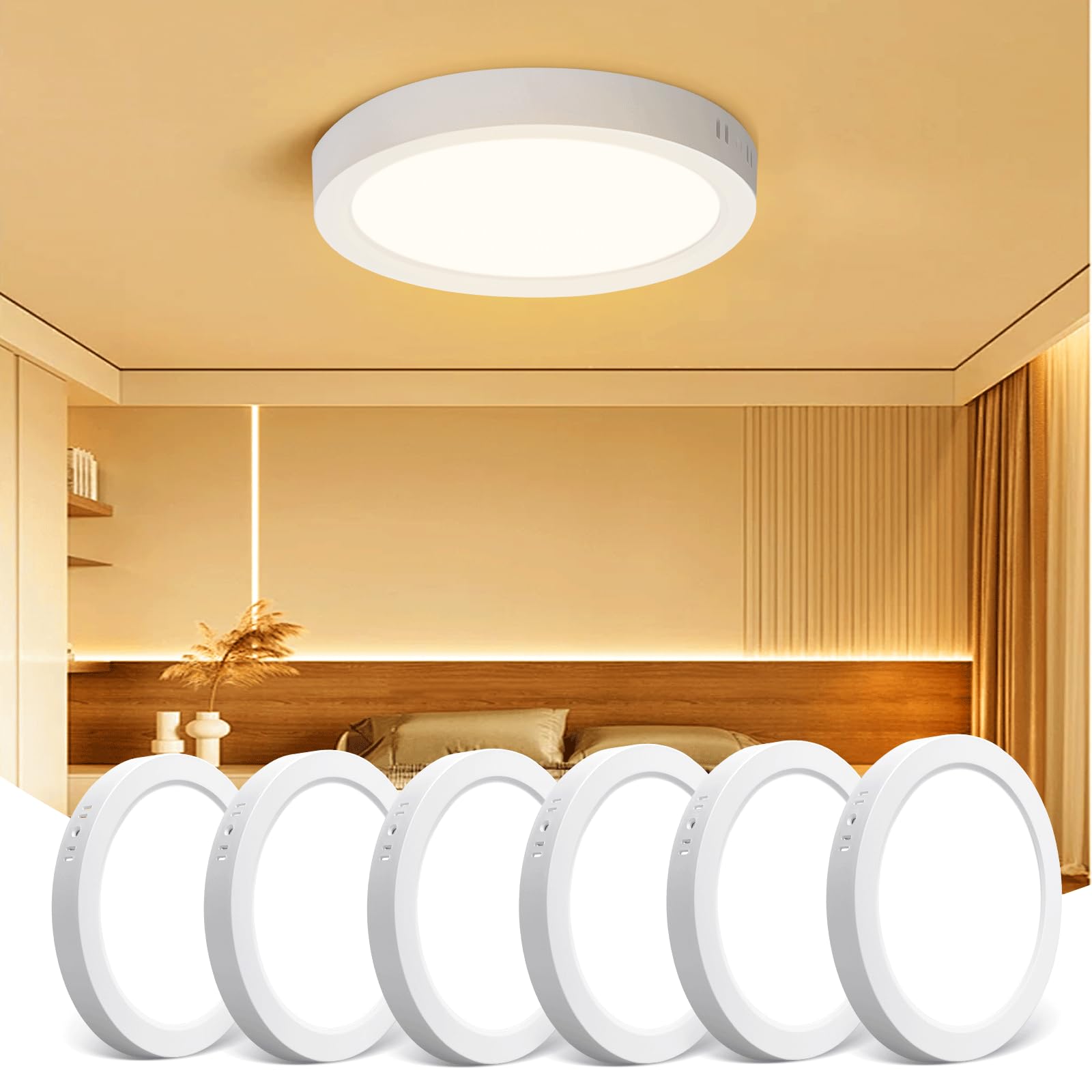 Aigostar 18W LED Ceiling Light, LED Ceiling Lights 6 Pack, 1980LM LED Light Fittings Ceiling, Round LED Ceiling Light 3000K, 165W Equivalent, Flush Ceiling Light for Bedroom, Kitchen, Porch, Hallway