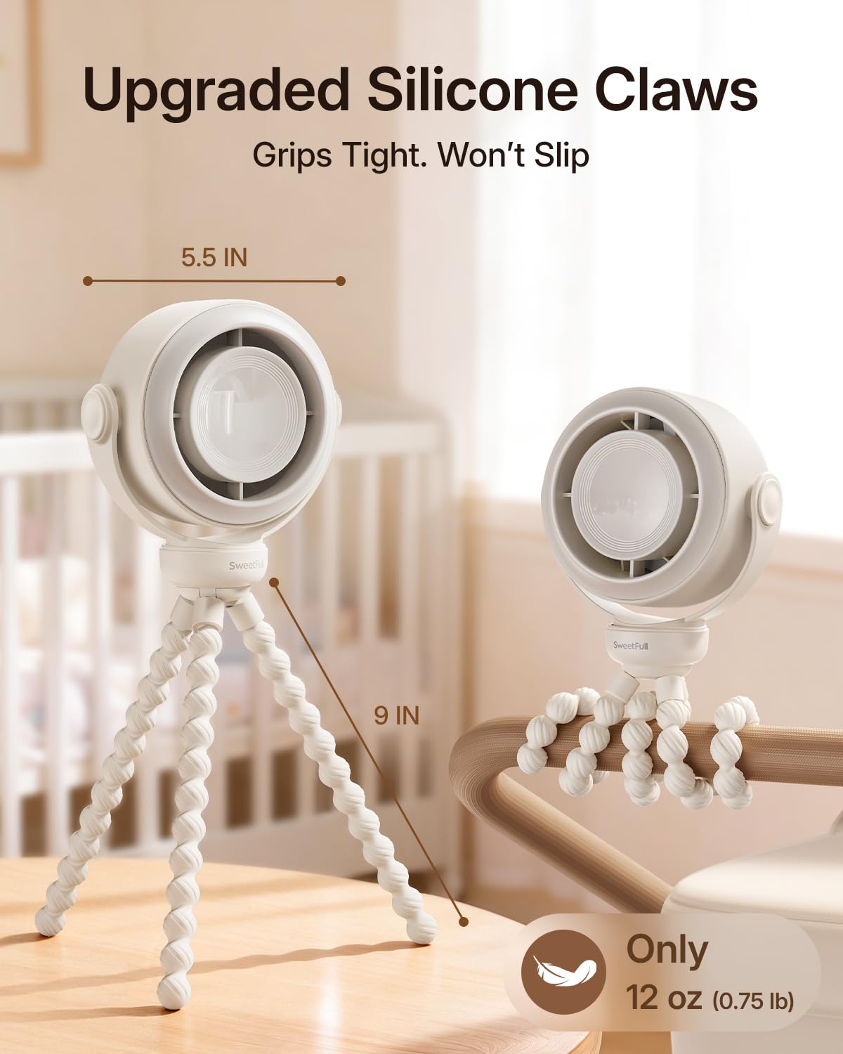 SWEETFULL Tragbarer Mini Kinderwagen Ventilator, Clip-Ventilator für Kinderwagen,Wiederaufladbarer USB-Ventilator, 5 Geschwindigkeiten 360° drehbar,für Kinderwagen, Reisen, Autositz, Büro, Creme