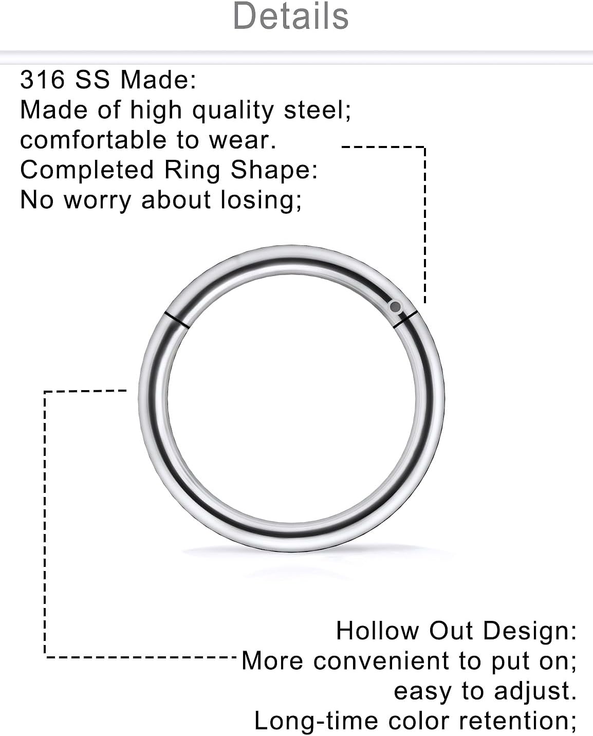 Dyknasz 10PCS 20G/18G Surgical Steel Hinged Clicker Segment Nose Rings Hoops Septum Lip Ring Hoop Cartilage Tragus Helix Sleeper Earrings Piercing Jewelry for Women Men 6mm 7mm 8mm 9mm 10mm - Image 4