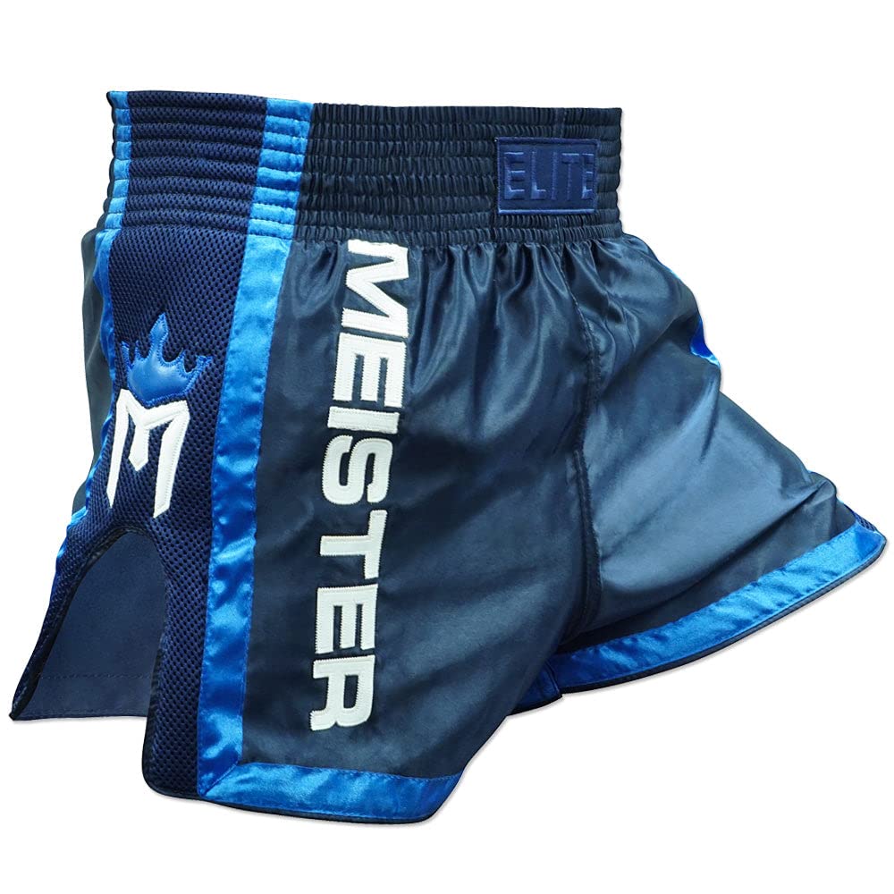 Meister Elite Muay Thai Shorts - Fully Elasticated Waist w/Mesh - Navy/Blue - Large (34-35)
