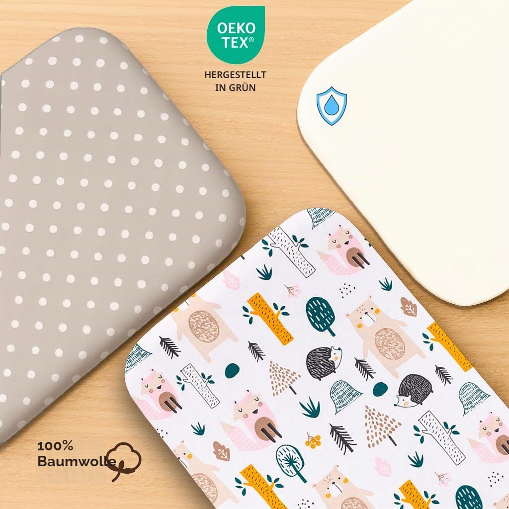 2X Spannbettlaken 80x160 cm 100% Baumwolle + 1X Matratzenschoner 100% wasserdichtem Material - Set 3X - ÖKO-TEX Zertifikat (Waldtiere, 80 x 160 cm)
