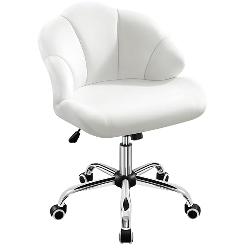 Yaheetech Cute Velvet Desk Chair Shell-Shaped Back Vanity Chairs Modern Swivel Desk with Wheels Adjustable Height for Home Office Bedroom White - White