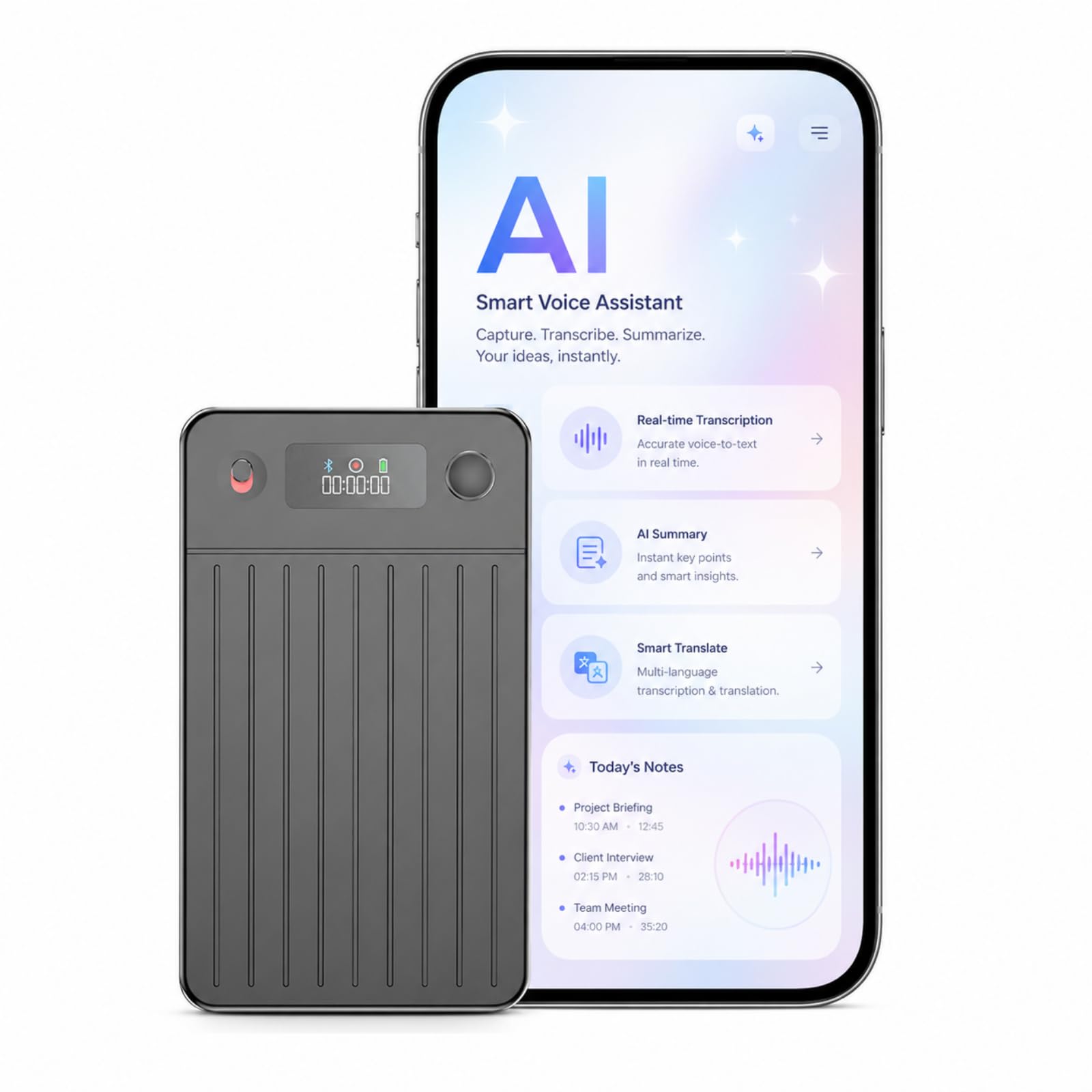 Volovivo Registratore vocale smart AI con schermo, 64 GB, 256 lingue | Registratore AI con trascrizione live, sintesi, traduzione e memoria da 64 GB