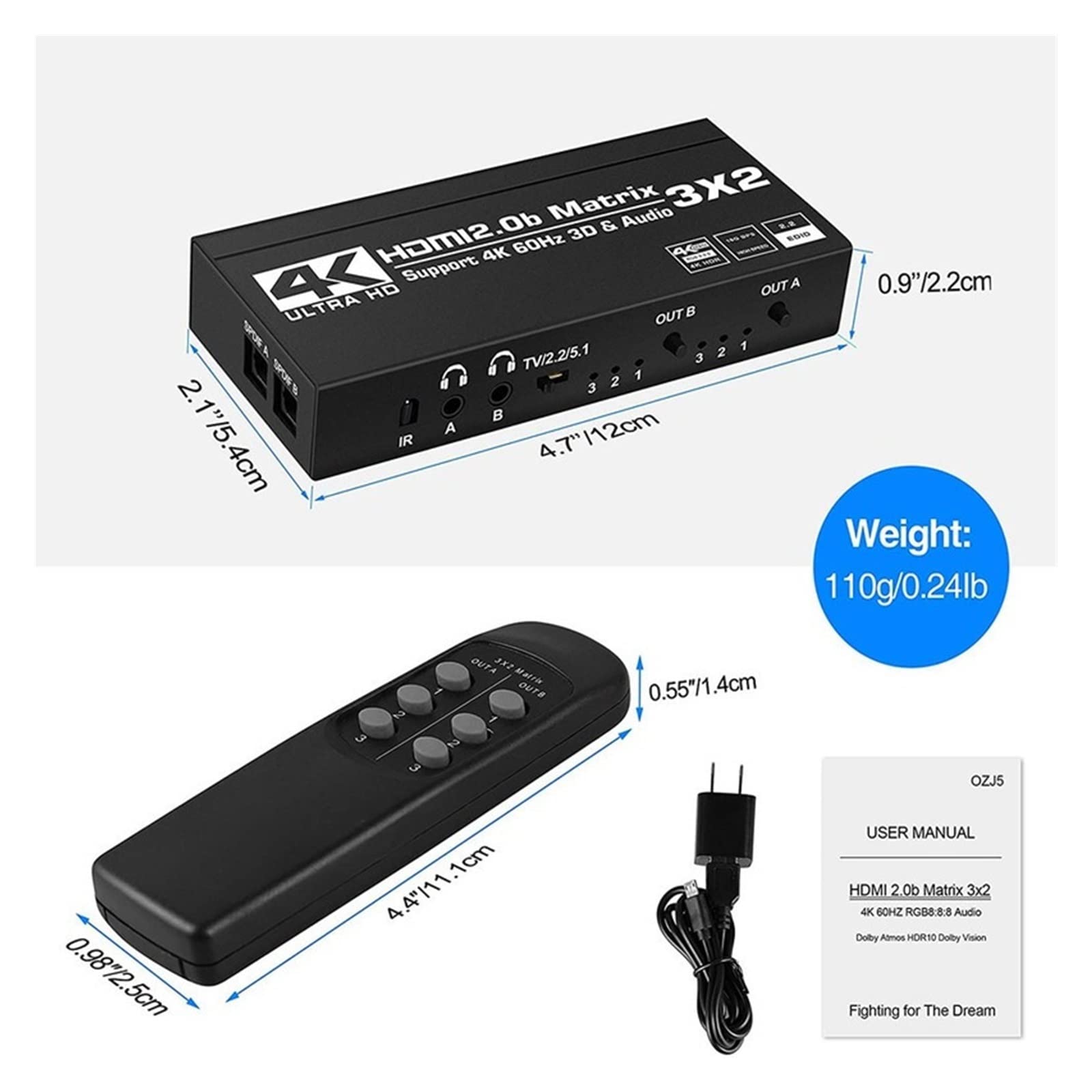 HDMI-Switch-Splitter, HDMI Matrix Switch Splitter mit SPDIF und L/R 3,5 mm HDR HDMI2.0 Switch 3x2 Unterstützung HDCP 2.2 ARC 3D 4K@60Hz for PS5 Einfach einzurichten (Color : USB, Size : Small)