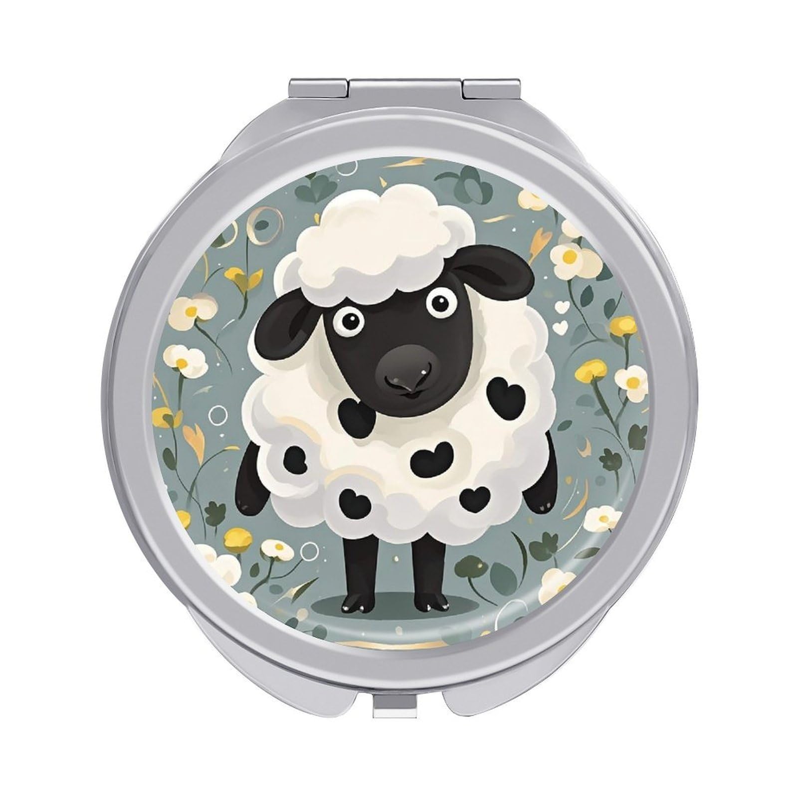 FekiLoot Cartoon Black White Sheep Travel Makeup Mirror for Women Folding Portable Hand Compact Mirrors Small Round Vanity Mirror 1X/2X Magnifying Metal Pocket Makeup Mirrors