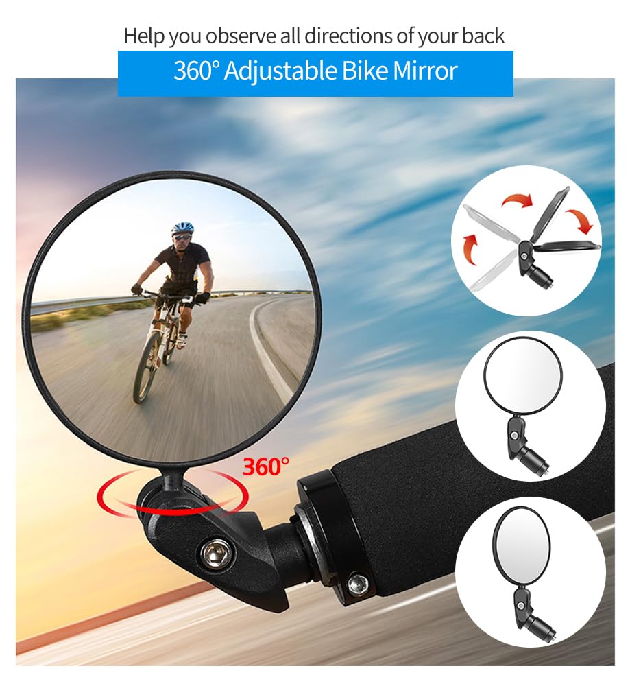 Handlebar Bike Mirrors, 1pcs HD Bicycle Rearview Mirror, Adjustable Handlebar Mounted Convex Mirror with Allen Wrench, for Mountain Road Bikes
