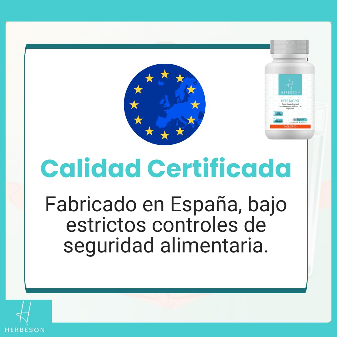 Confort digestivo y vientre plano con Alcachofa, Hinojo y Jengibre – HERBESON HERB DIGEST | Complemento vegano sin gluten con enzimas digestivas y Piña – 60 cápsulas (60)