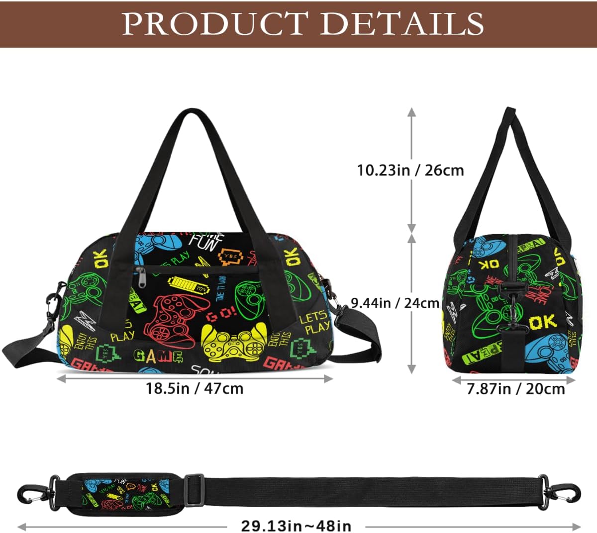 Gym Travel Duffle Bag for Boys - Game Controller Kids Overnighter Weekend Bag with Front Zipper Pocket for School Practice, Teens Carry-On Size Sleepover Bags