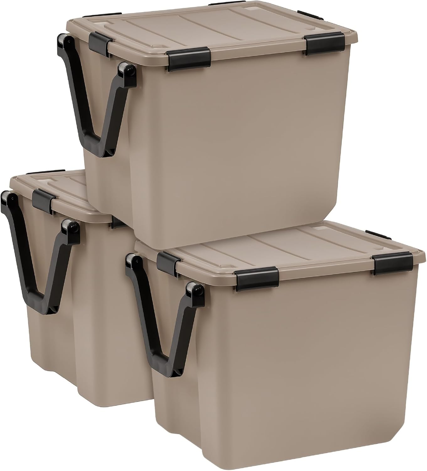 IRIS USA 4-Pack WeatherPro Gasket Box, 63 Quart Weather Resistant Storage Bins with Latching Lids, Heavy Duty Organizing Containers for Closet, Bathroom, and Office - Tan