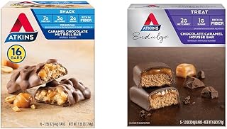 Caramel Chocolate Nut Roll Snack Bar, Protein Snack, High in Fiber, 2g Sugar, 16 Count & Endulge Chocolate Caramel Mousse Bar, Dessert Favorite, 1g Sugar, High in Fiber, 5 Count
