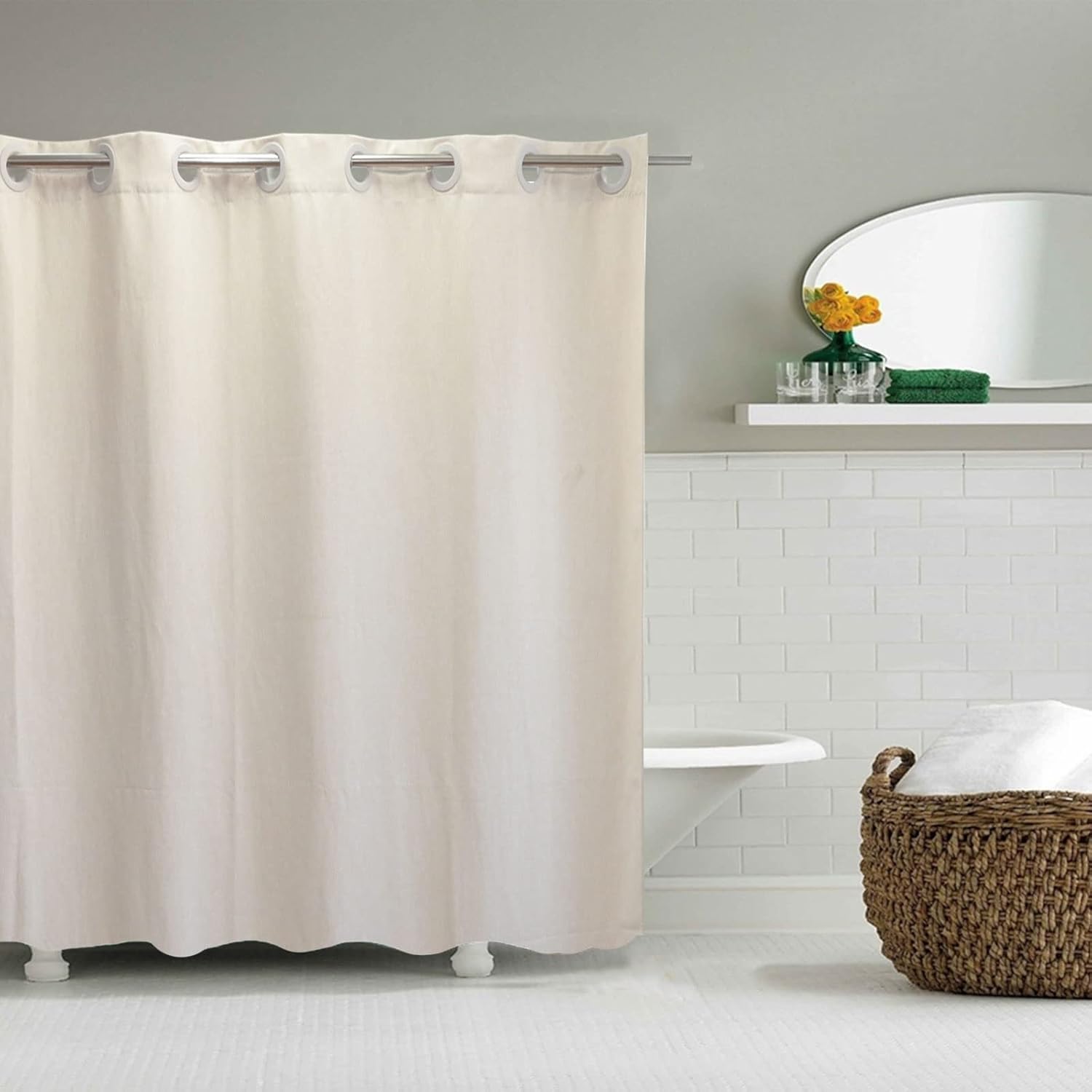 YISURE Linen Style Hook Free Shower Curtain, Rustic Polyester Fabric Cloth Hotel