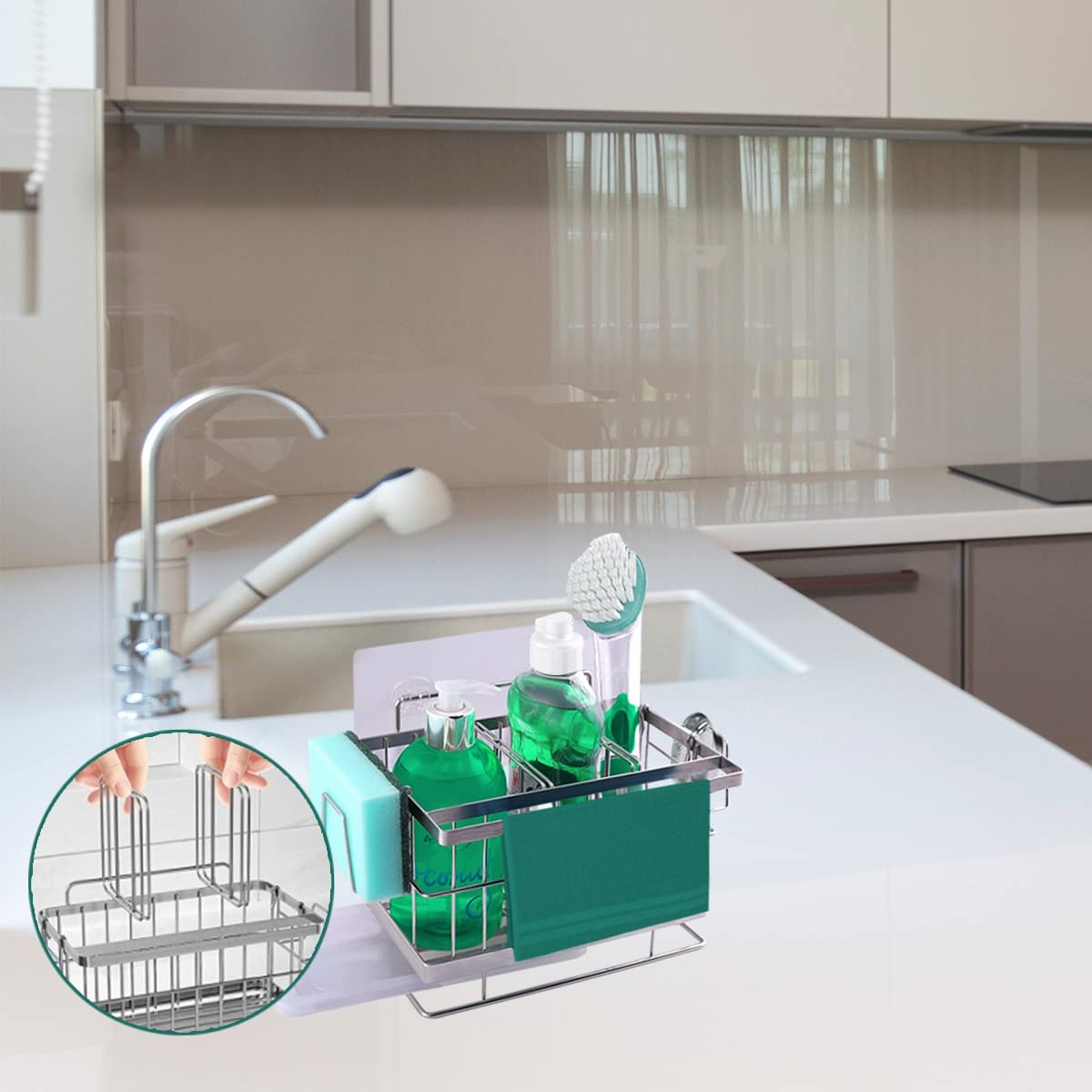 4 in 1 Kitchen Sink Caddy with Sponge Holders, Drip Tray, Utensil