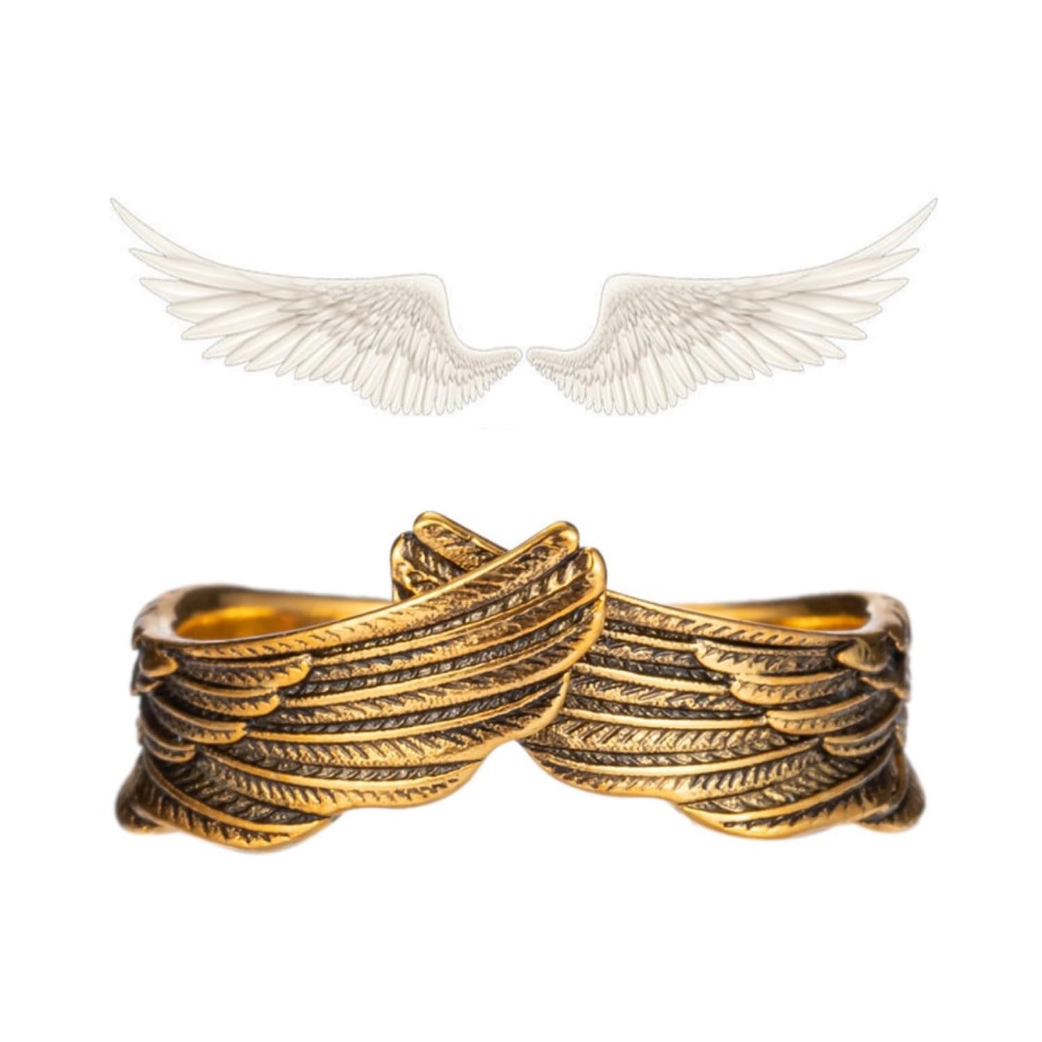 LVGPH Hug Wings Ring Angel Wings Feather Retro Copper Ring Open Adjustable Guardian Ring Vintage Women Men Feather Ring Gold Wedding Band for Lovers Friends Gifts
